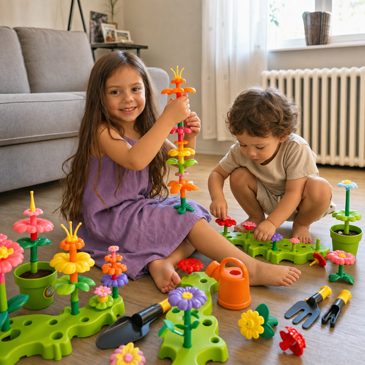 Sestra i brat se igraju Build Garden setom u dnevnoj sobi