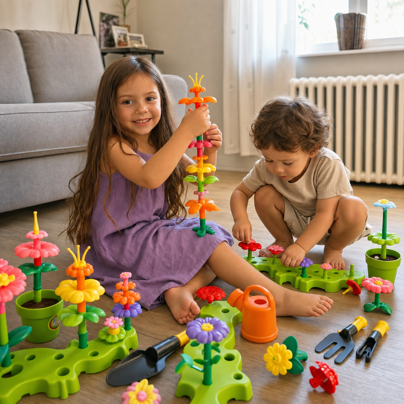 Sestra i brat se igraju Build Garden setom u dnevnoj sobi